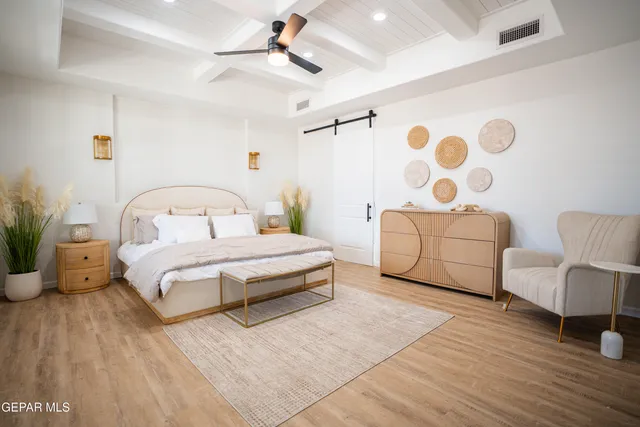 a bedroom with a bed couch and a potted plant