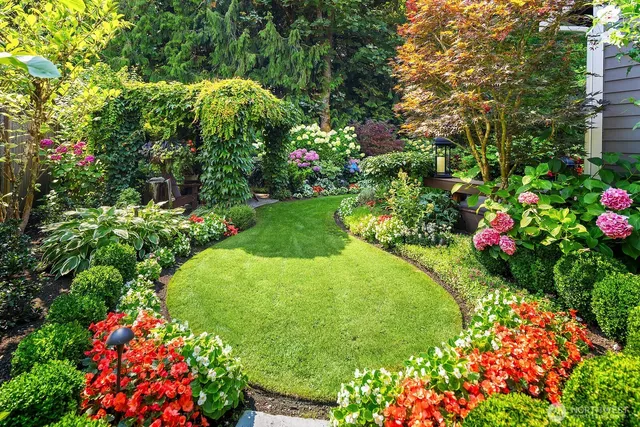 a view of a garden with flowers and flowers