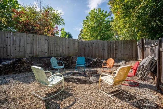 a backyard of a house with table and chairs