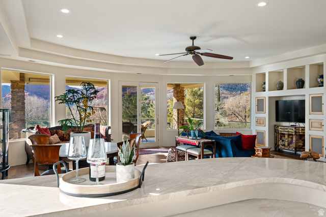 779 South Silver Road Leeds, UT 84746 - Photo 8 of 80 Living room featuring a ceiling fan, wood finished floors, and recessed lighting
