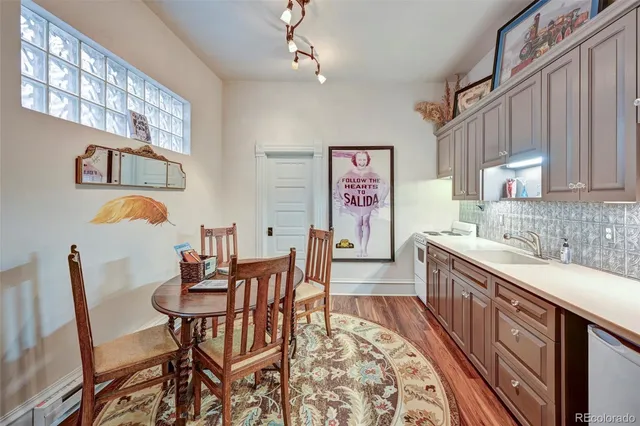 a view of a dining room with furniture