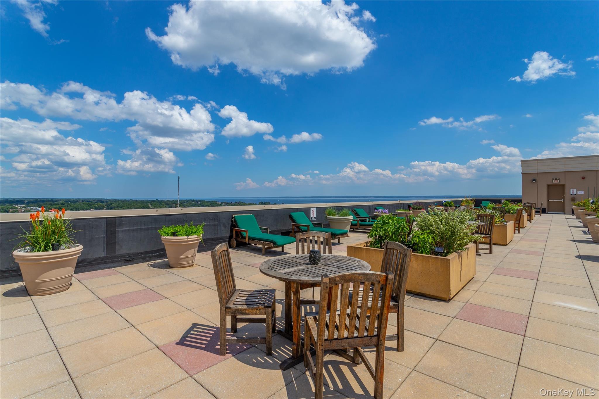 100 New Roc City Plaza, Unit 104 New Rochelle, NY 10801 - Photo 32 of 36 a view of a patio with dining table and chairs and potted plants