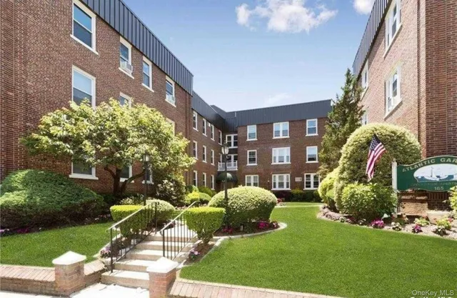 a garden view with a seating space