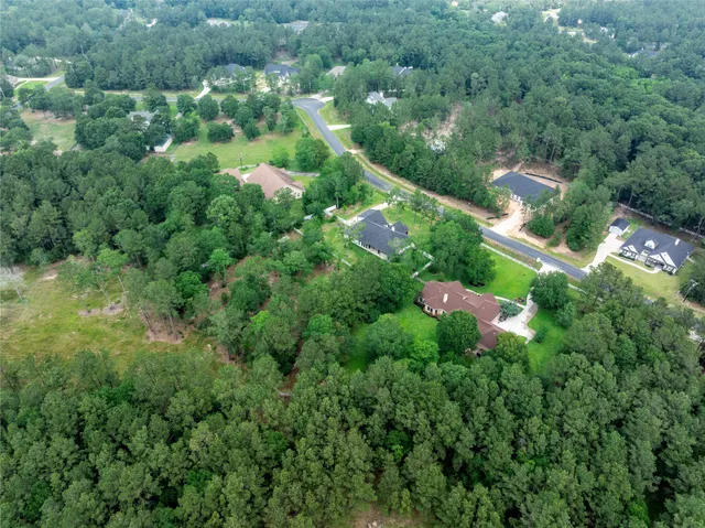 an aerial view of residential houses with outdoor space and trees