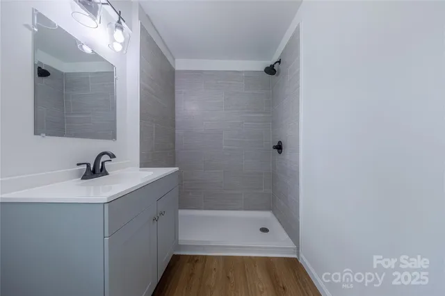 a bathroom with a sink a shower and a mirror