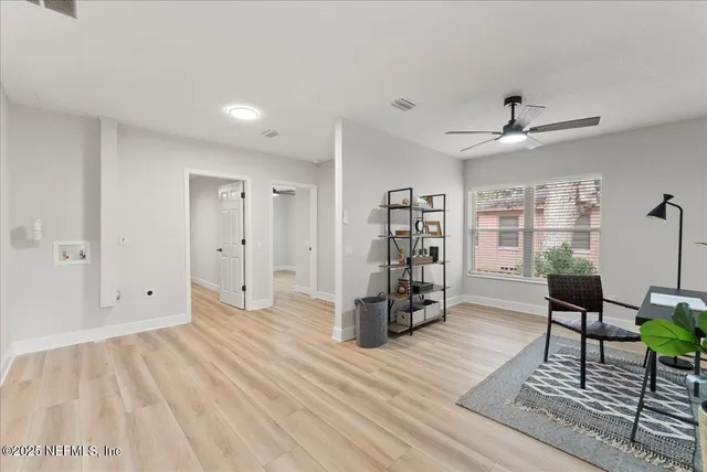 a view of a room with racks on the wall