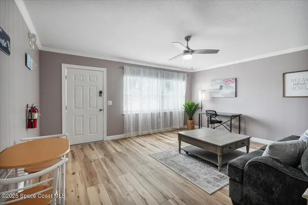 a living room with furniture and a potted plant