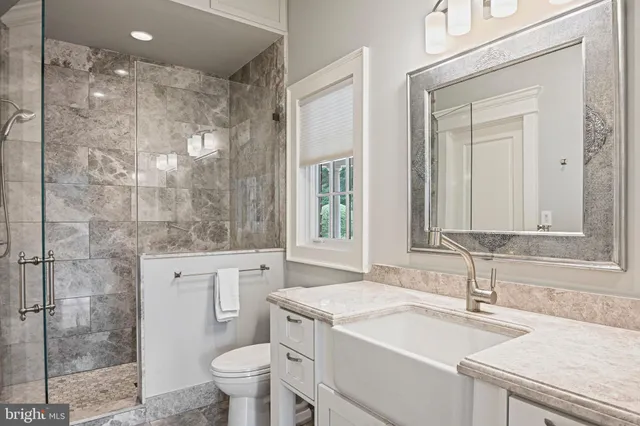 a bathroom with a granite countertop sink a toilet and shower