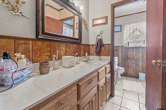 a bathroom with a sink a toilet and a mirror