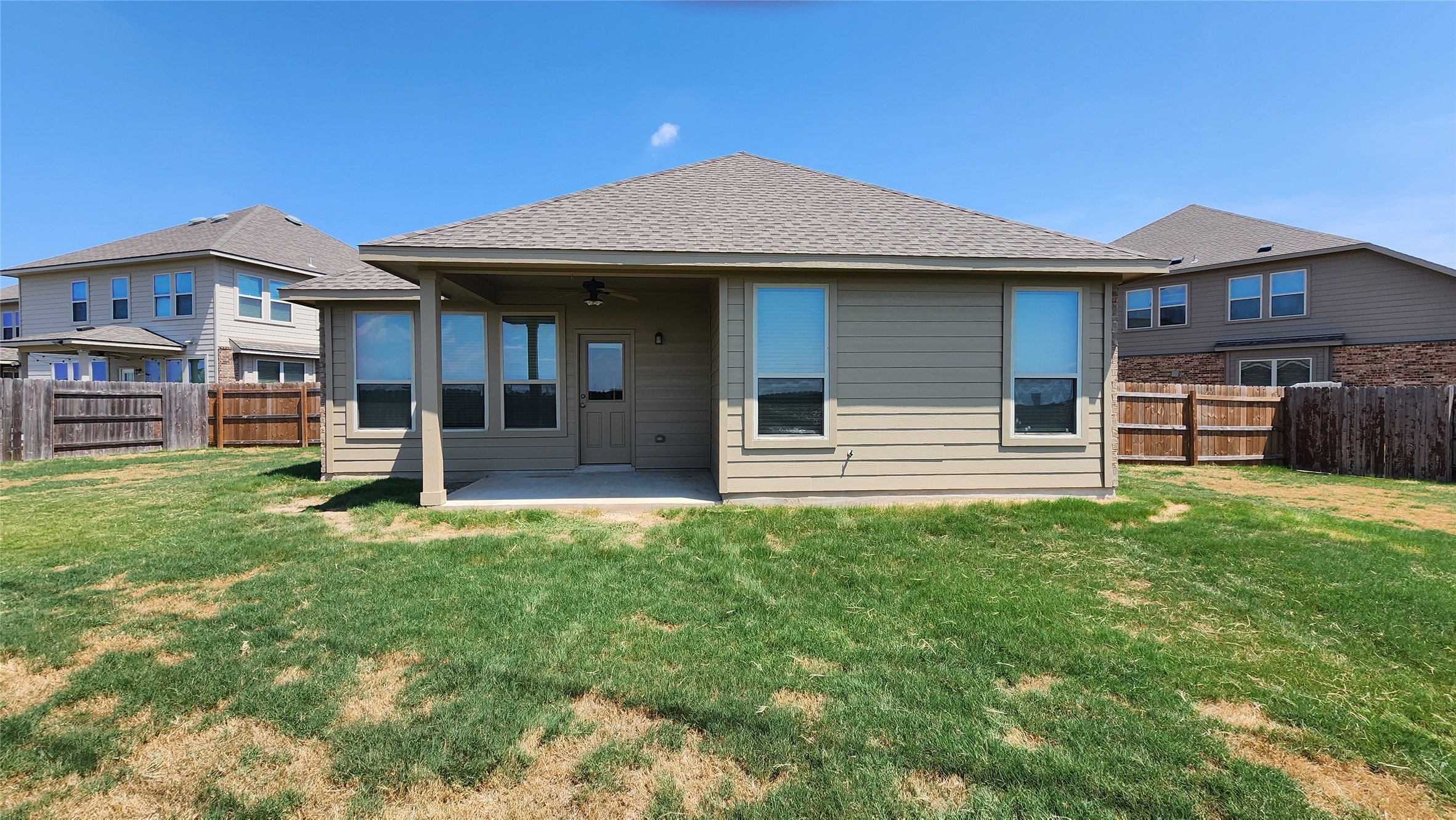 18428 Blush Rose Road Pflugerville, TX 78660 - Photo 28 of 32 Covered patio with ceiling fan. Fresh Exterior paint