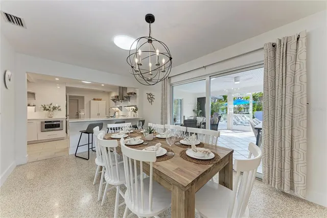 a view of a dining room with furniture wooden floor and chandelier