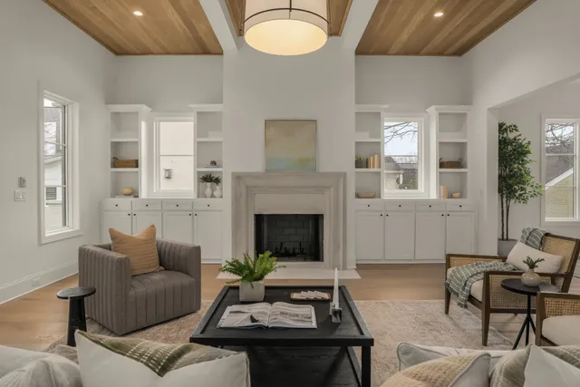 a living room with furniture potted plant and a fireplace