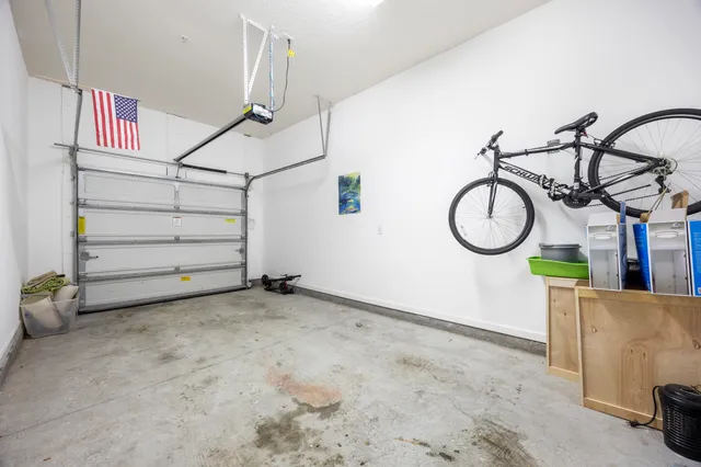 a view of a garage with stairs