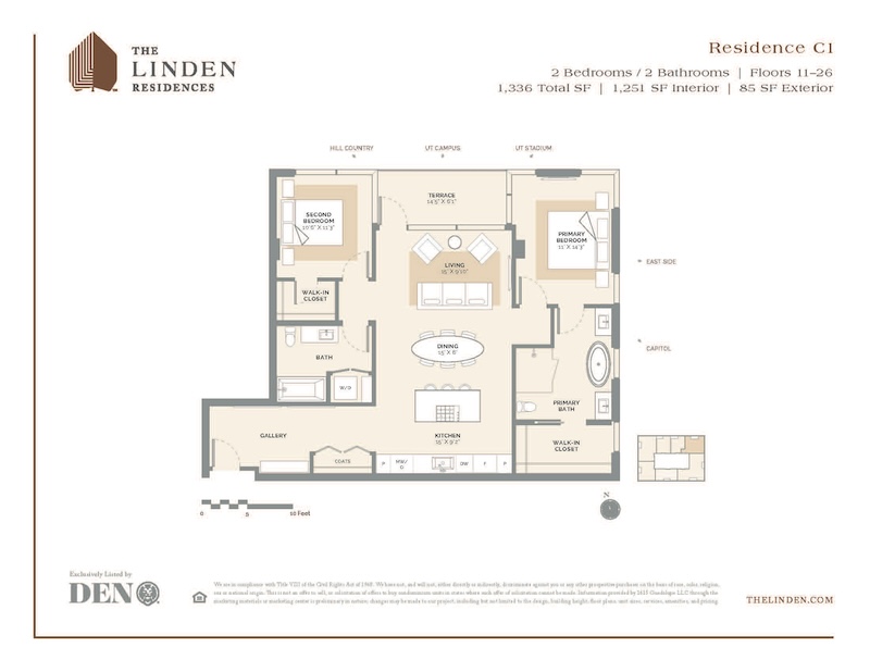313 West 17th Street, Unit 2101 Austin, TX 78701 - Photo 36 of 36 C1 Floor Plan featuring 2 bedrooms and 2 bathrooms. The spacious layout includes an open living and dining area, complemented by a modern kitchen with high-end appliances and an island for additional seating. This unit offers breathtaking views of downtown Austin, the Hill Country, UT Campus and the Capitol, providing a unique blend of urban and natural scenery. Residents will also enjoy access to a full level of elevated amenities.