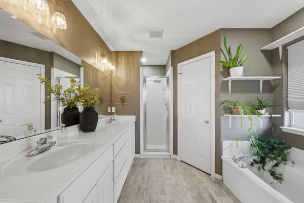 a bathroom with a sink a mirror and a shower