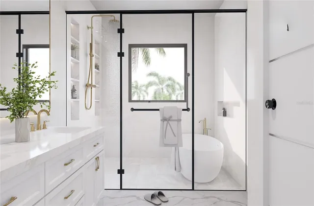a bathroom with a shower and a sink
