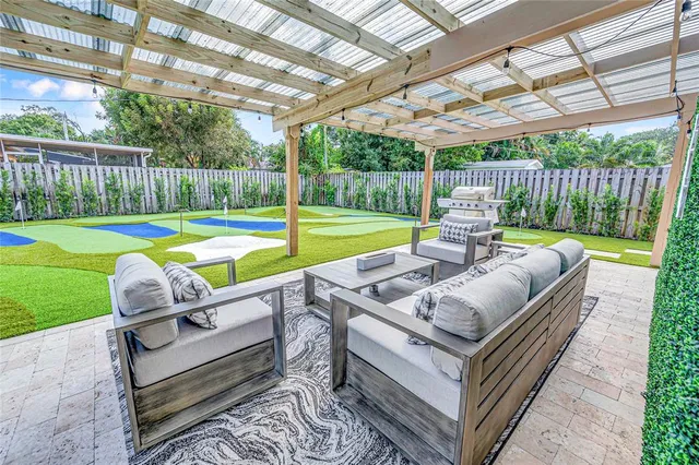 a backyard of a house with yard and outdoor seating