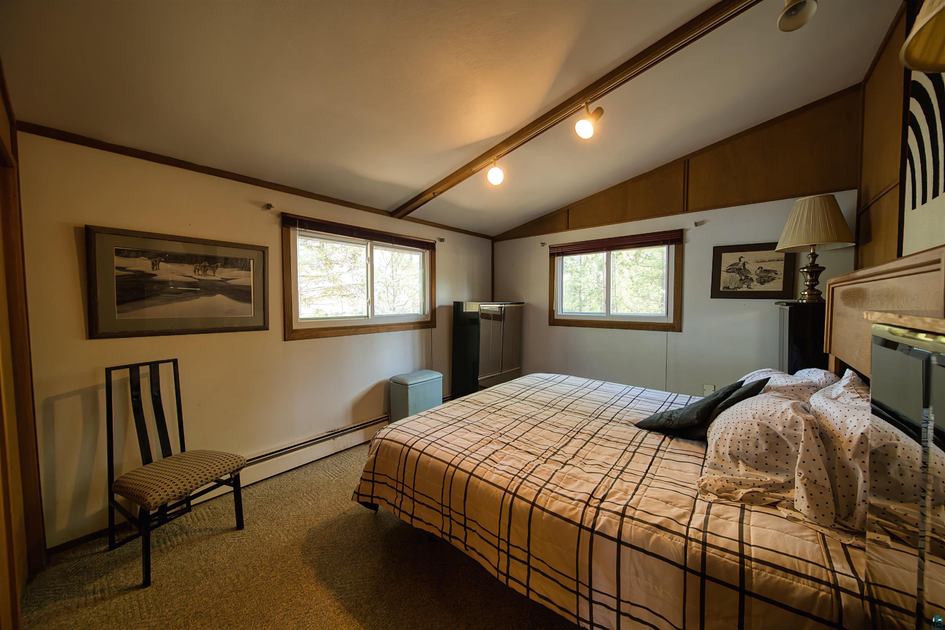 29836 Long Lake Road Danbury, WI 54830 - Photo 17 of 40 Carpeted bedroom with vaulted ceiling, track lighting, and multiple windows