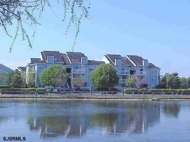 a view of a lake with a building in the background