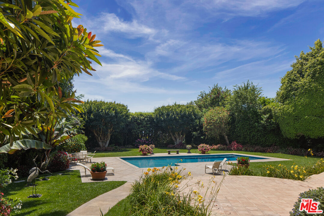 510 Doheny Road Beverly Hills, CA 90210 - Photo 8 of 24 a view of a swimming pool with a yard and palm trees