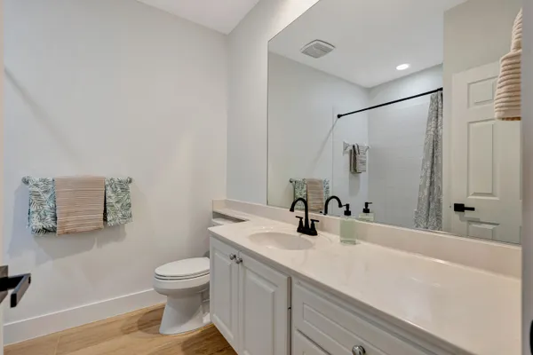 a view of a backyard with plants and large trees