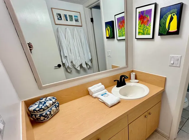 a bathroom with a sink a vanity and a mirror