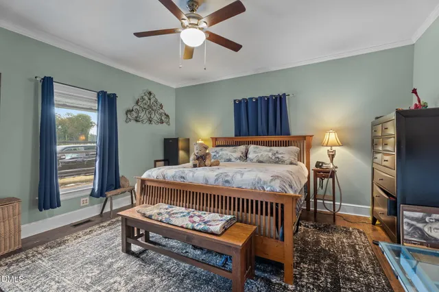 an aerial view of a house with a garden
