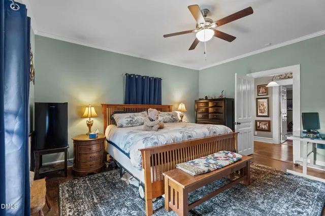 an aerial view of a house with a garden