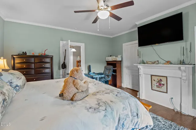 an aerial view of a house with a garden