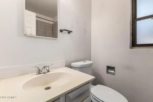 a bathroom with a sink a toilet and mirror