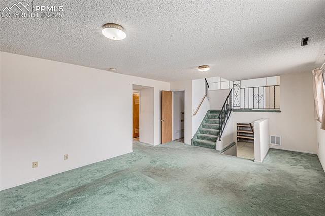 1653 Cragin Road Colorado Springs, CO 80920 - Photo 9 of 27 Finished below grade area with a textured ceiling, carpet floors, and stairway