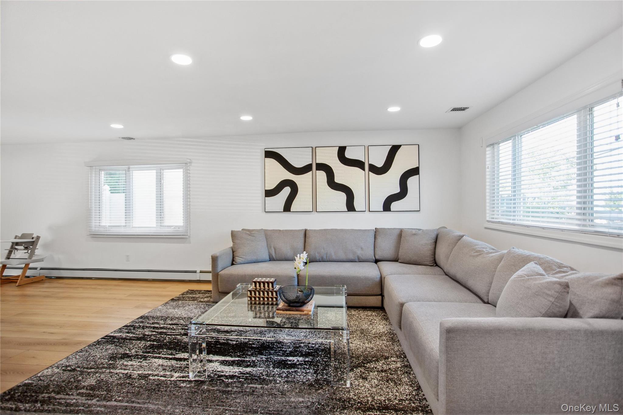 110 Hampton Way Merrick, NY 11566 - Photo 2 of 24 Living room with recessed lighting, light wood-style flooring, and a baseboard radiator