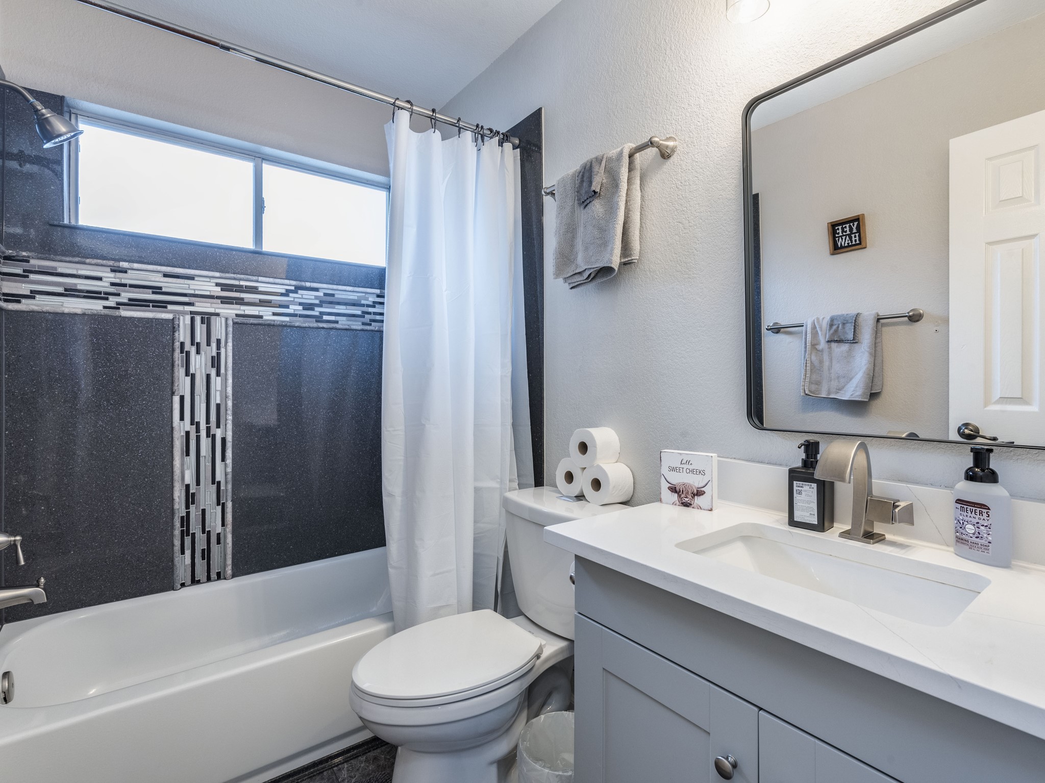 1415 Roxanne's Run Pflugerville, TX 78660 - Photo 5 of 30 Stylish bathroom with a vanity and a bathtub featuring decorative tile accents.