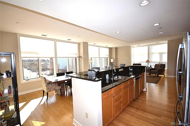 a living room with large windows and a potted plant