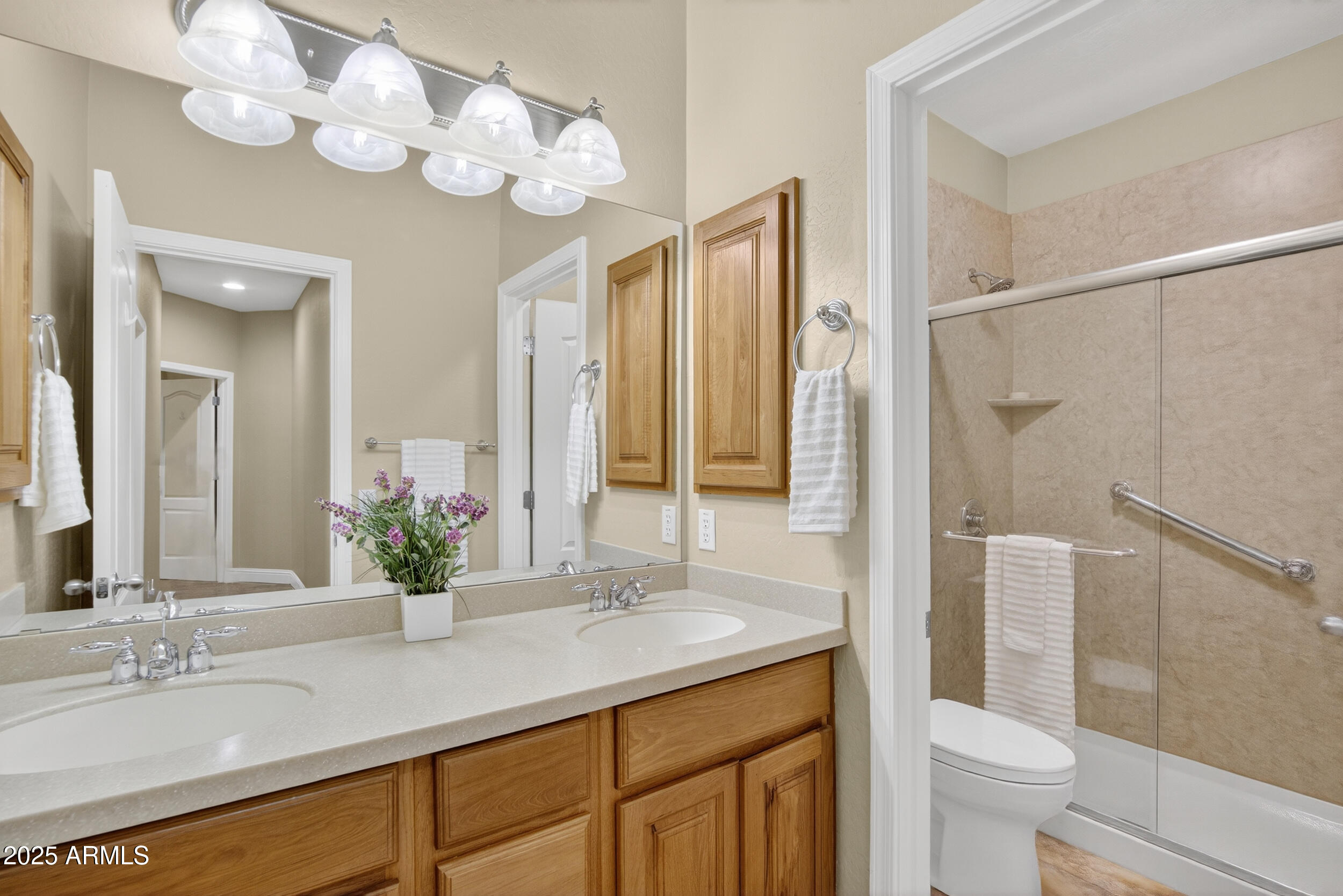 17368 West Red Bird Road Surprise, AZ 85387 - Photo 38 of 82 a bathroom with a granite countertop sink a toilet and a mirror