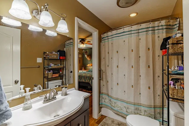 a bathroom with a sink vanity mirror and toilet