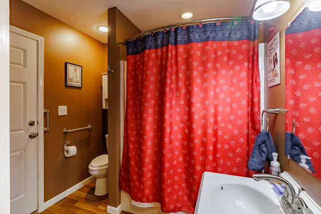 a bathroom with a toilet and shower curtain