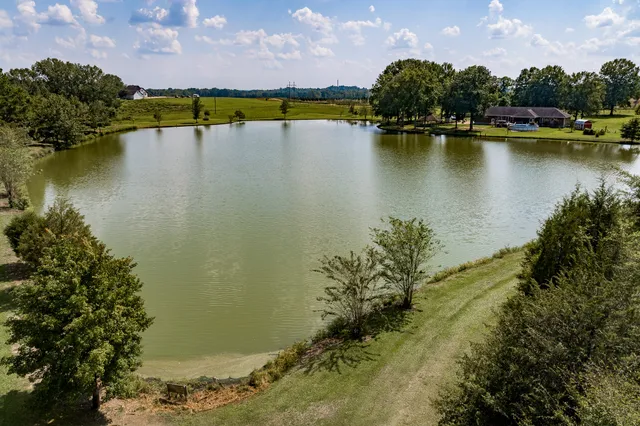 an aerial view of residential houses with outdoor space and lake view