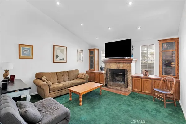 a living room with furniture a fireplace and a flat screen tv
