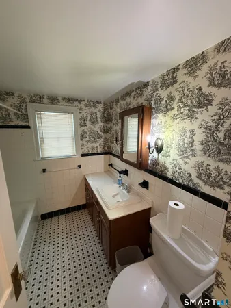 a bathroom with a sink a toilet and mirror