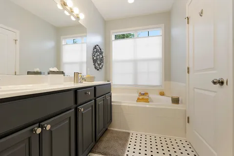 a bathroom with a sink a double vanity and a shower