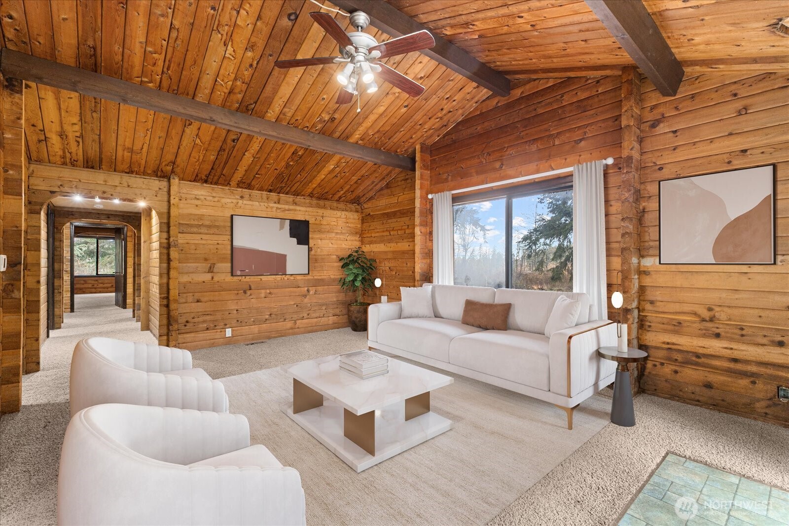 86 North Camano Ridge Road Camano Island, WA 98282 - Photo 4 of 33 a living room with furniture a wooden floor and a shower