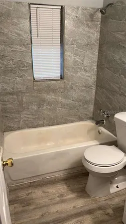 a bathroom with a toilet and a bathtub
