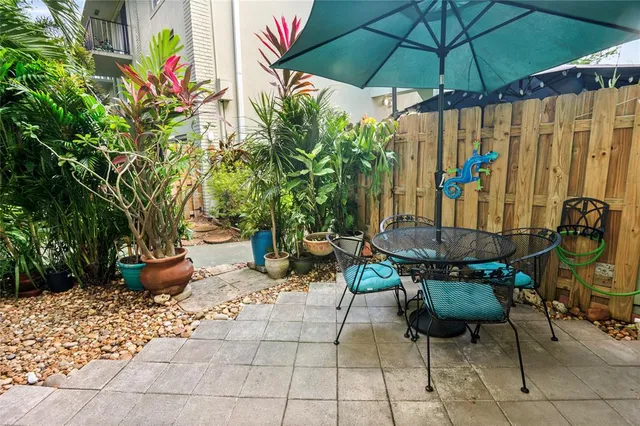 a backyard of a house with table and chairs
