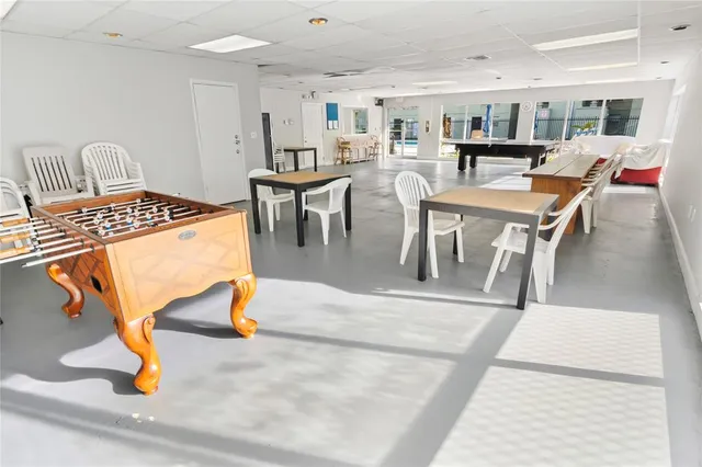 a view of a dining room with furniture