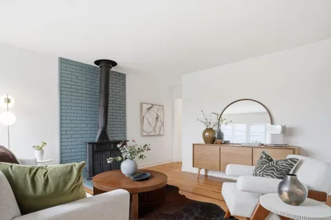 a living room with furniture and a potted plant