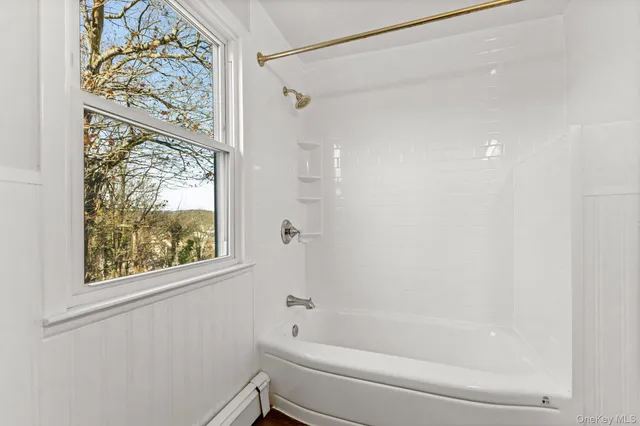 a bathroom with a bathtub and a shower