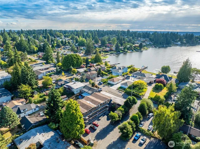 a view of a lake with a city