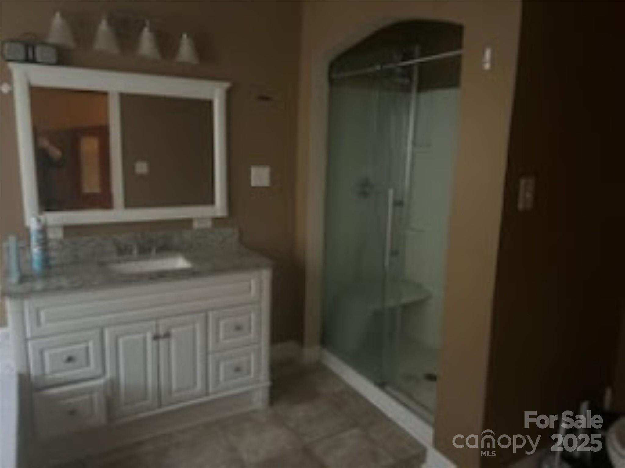 453 Marion Street Calhoun Falls, SC 29628 - Photo 10 of 24 a bathroom with a granite countertop sink a mirror and a shower