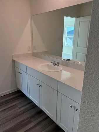 a bathroom with a sink and a mirror